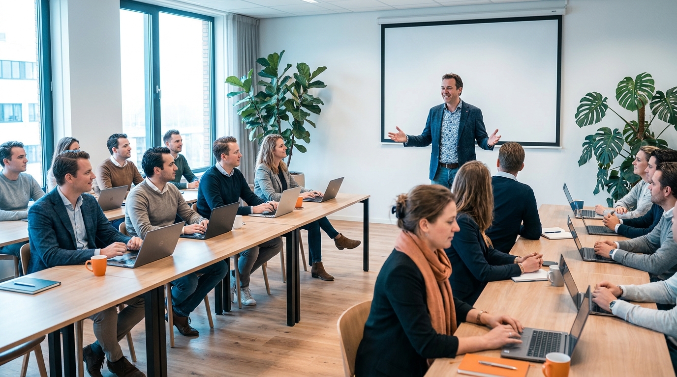 Een trainer geeft klassikaal les aan deelnemers met laptops in een lichte trainingsruimte.