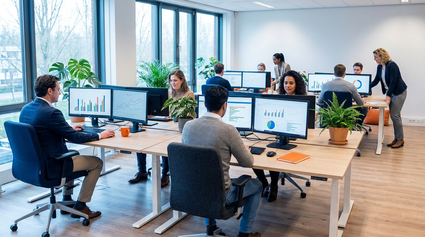 Medewerkers achter dubbele monitoren met abstracte grafieken in een open kantoortuin.