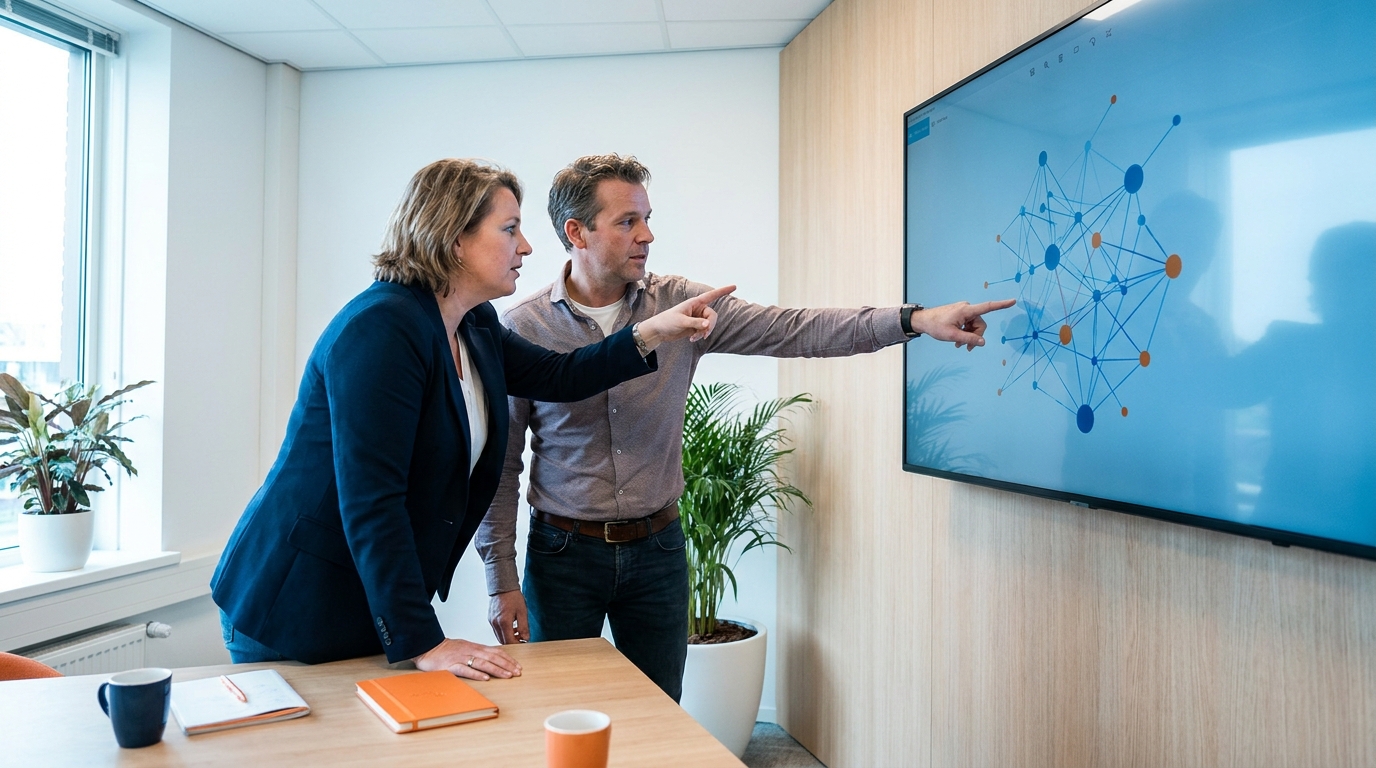 Twee collega's bespreken samen een abstract kleurrijk netwerkdiagram op een groot scherm.