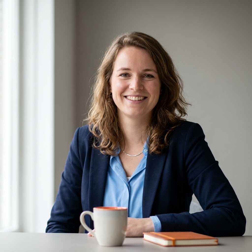 Portret van een fictieve trainer: vrouw begin dertig met warme glimlach.