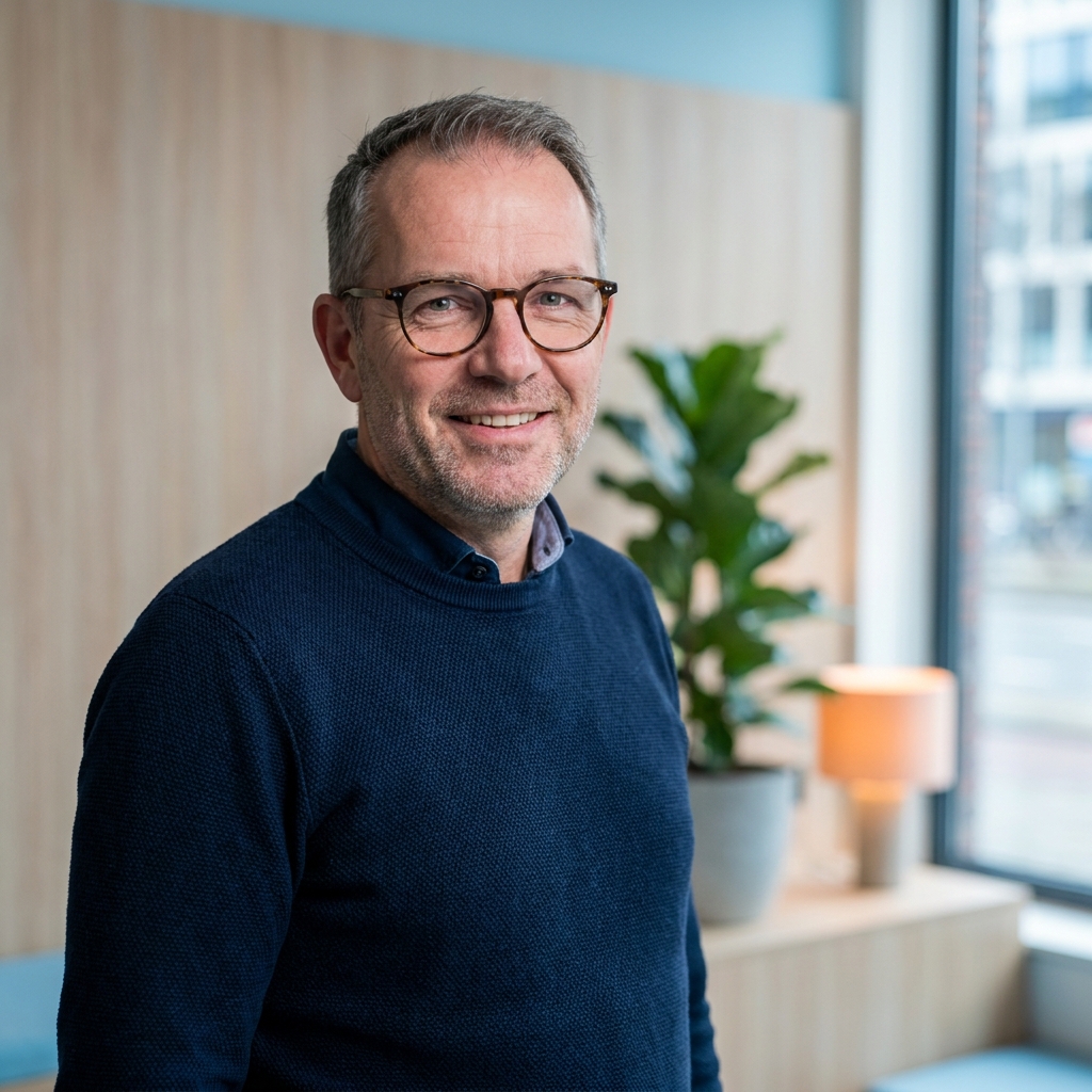Portret van een fictieve trainer: man midden vijftig met bril en grijzend haar.