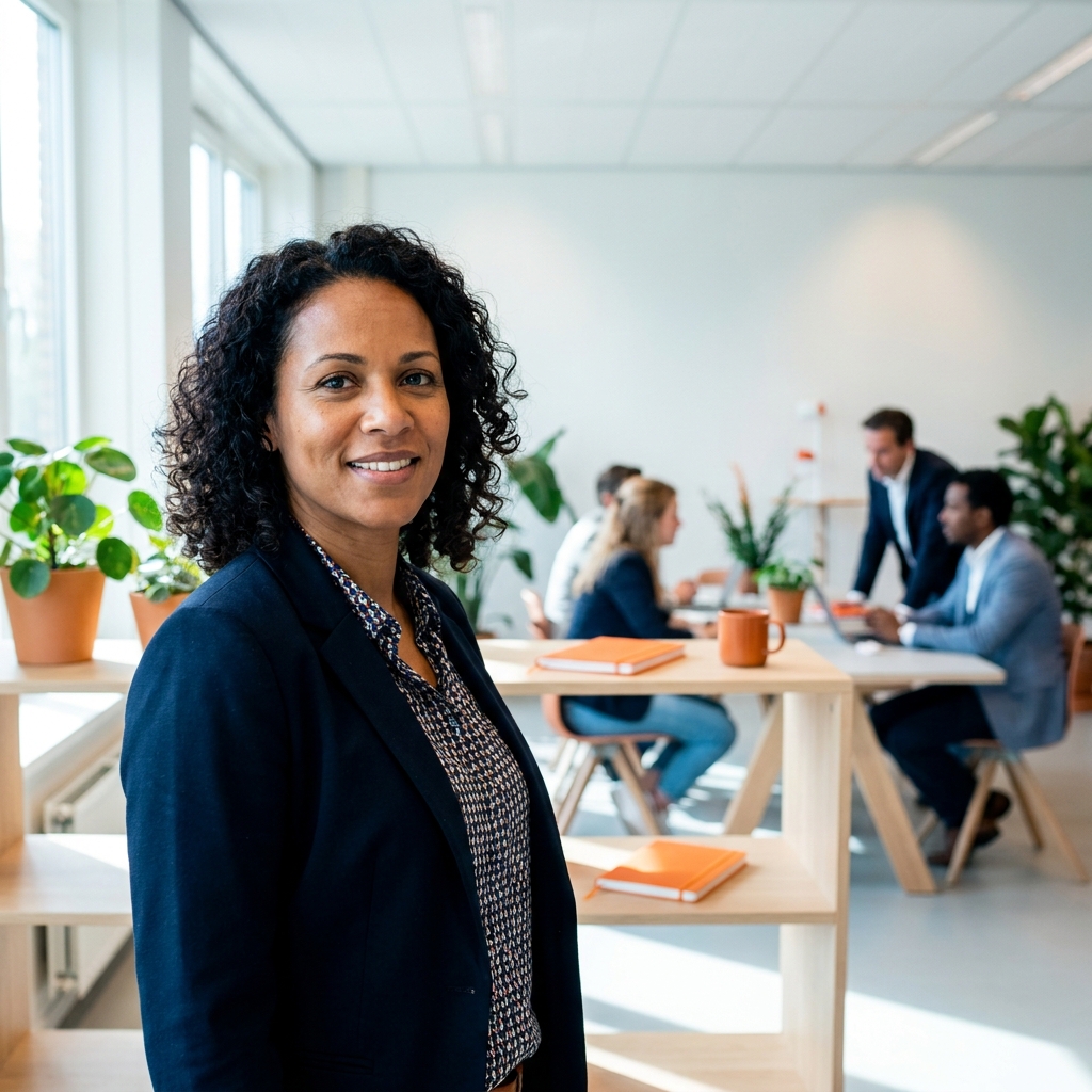 Portret van een fictieve trainer: vrouw begin veertig met donker krullend haar.