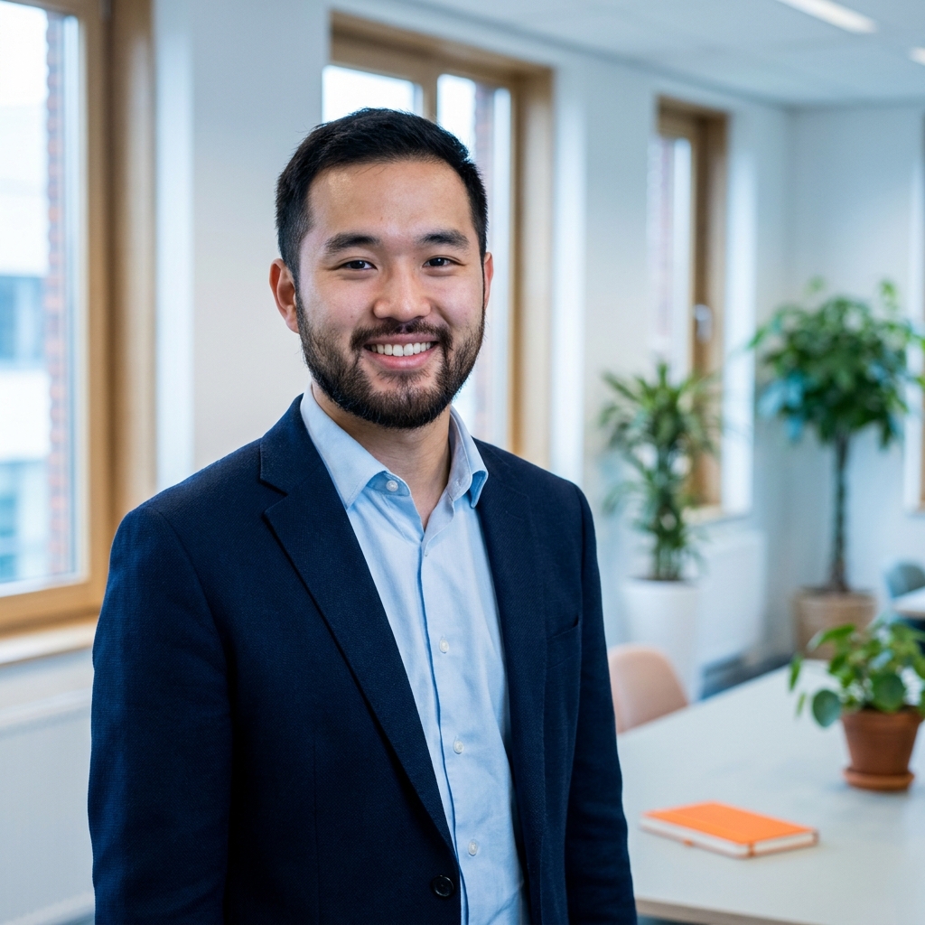 Portret van een fictieve trainer: man eind twintig met kort baardje.