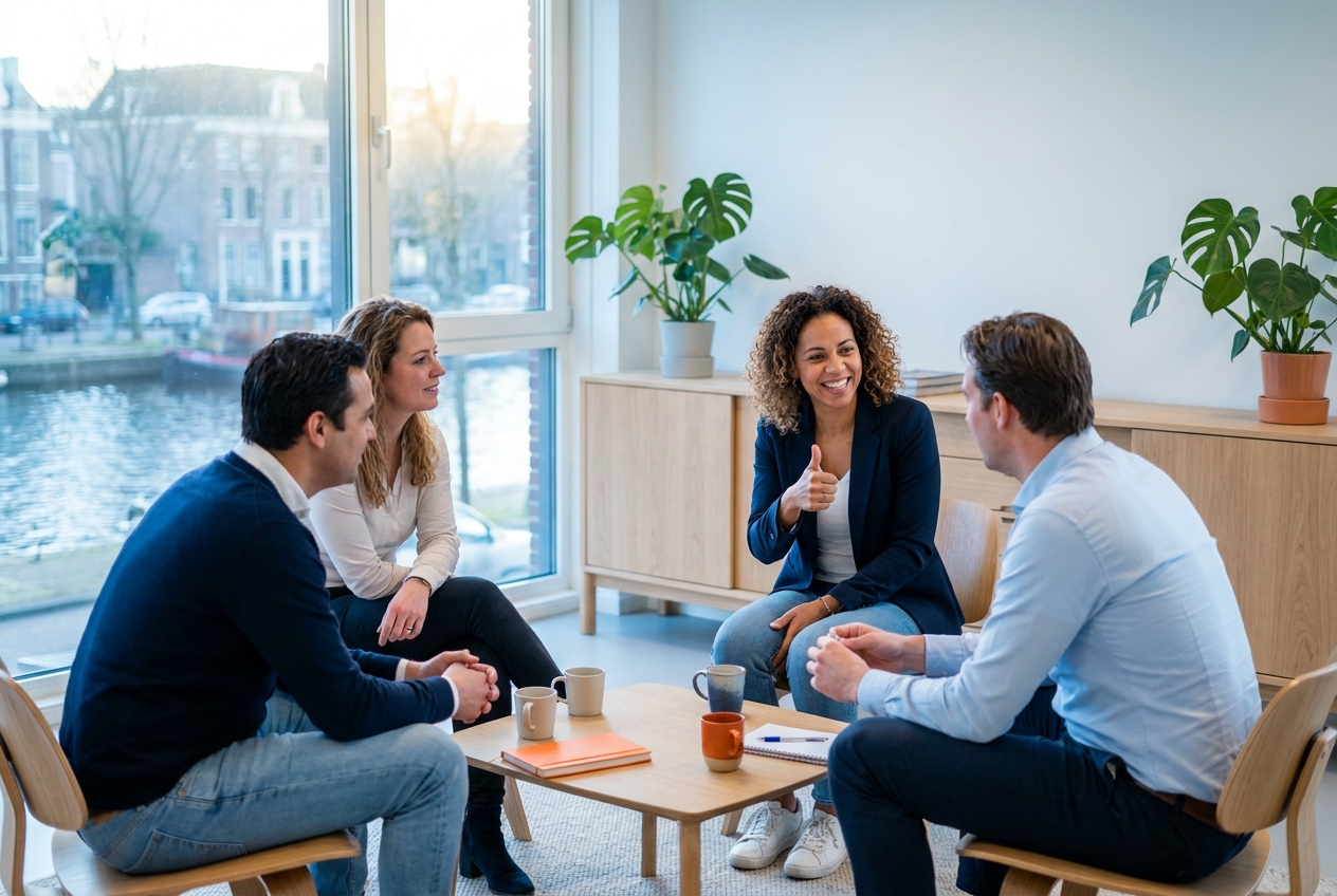 Een kleine groep in ontspannen nabespreking met koffie en een duim omhoog.