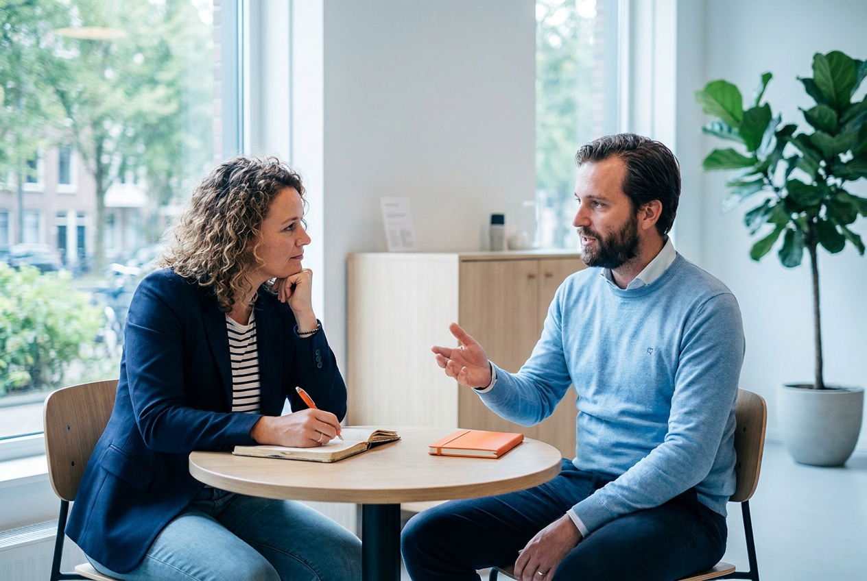 Twee mensen in een intakegesprek aan een klein tafeltje, één schrijft mee in een notitieboek.