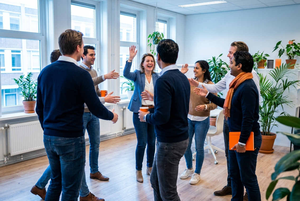 Een groep deelnemers in beweging tijdens een energieke workshopoefening.
