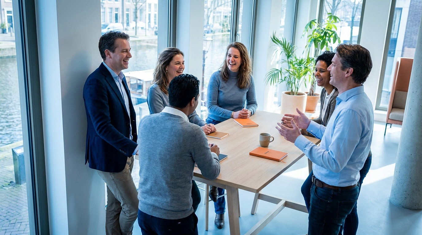 Een klein team in een informeel, natuurlijk groepsmoment op kantoor.