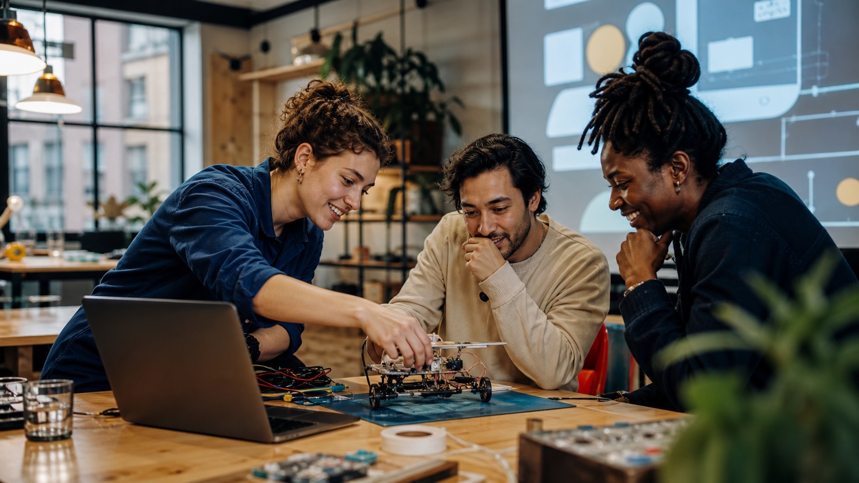 Drie collega's testen samen een klein AI-prototype in een warme makerspace.