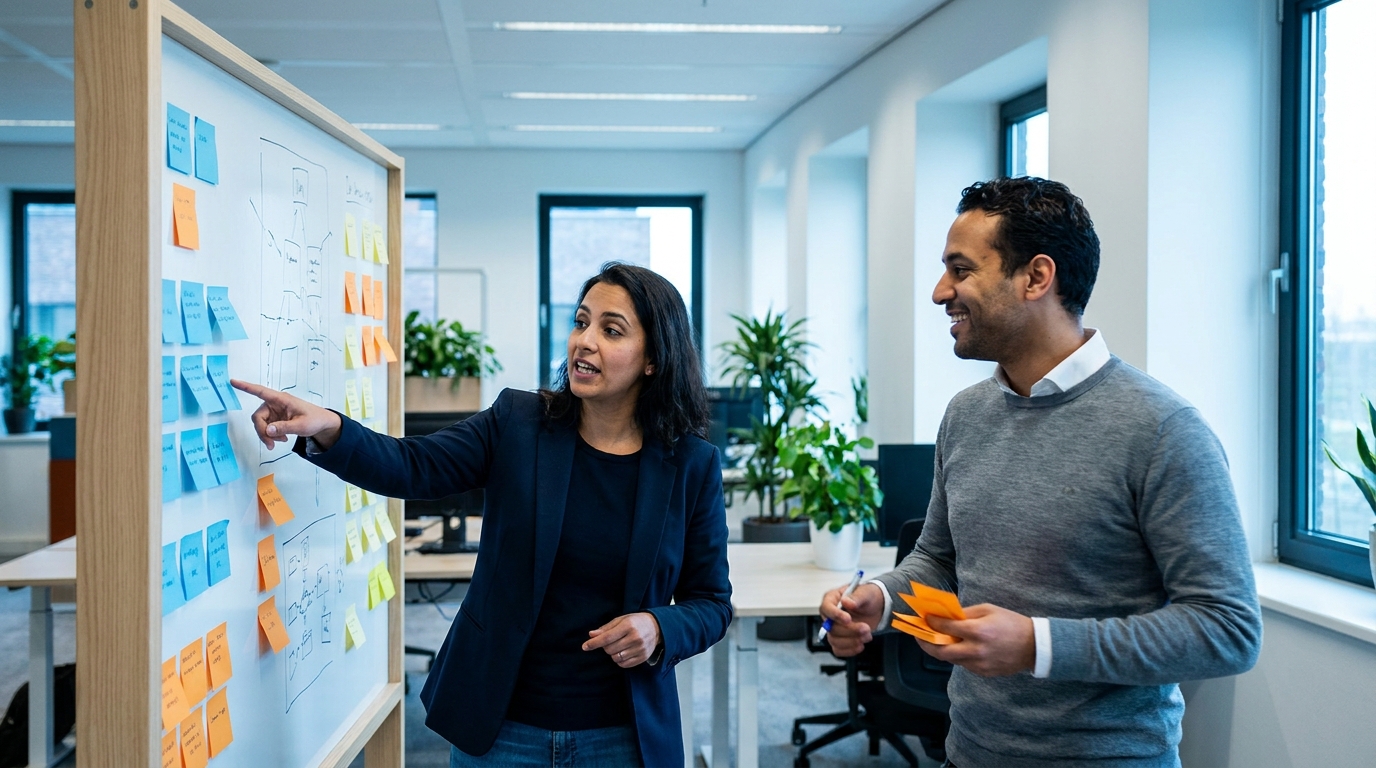 Twee mensen voor een brainstormmuur vol post-its en schetsen.
