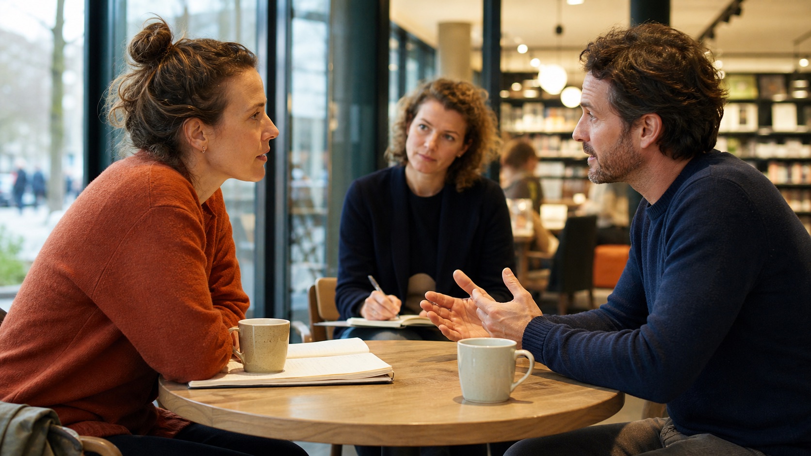 Twee collega's oefenen een klantgesprek terwijl een derde persoon observeert en notities maakt.