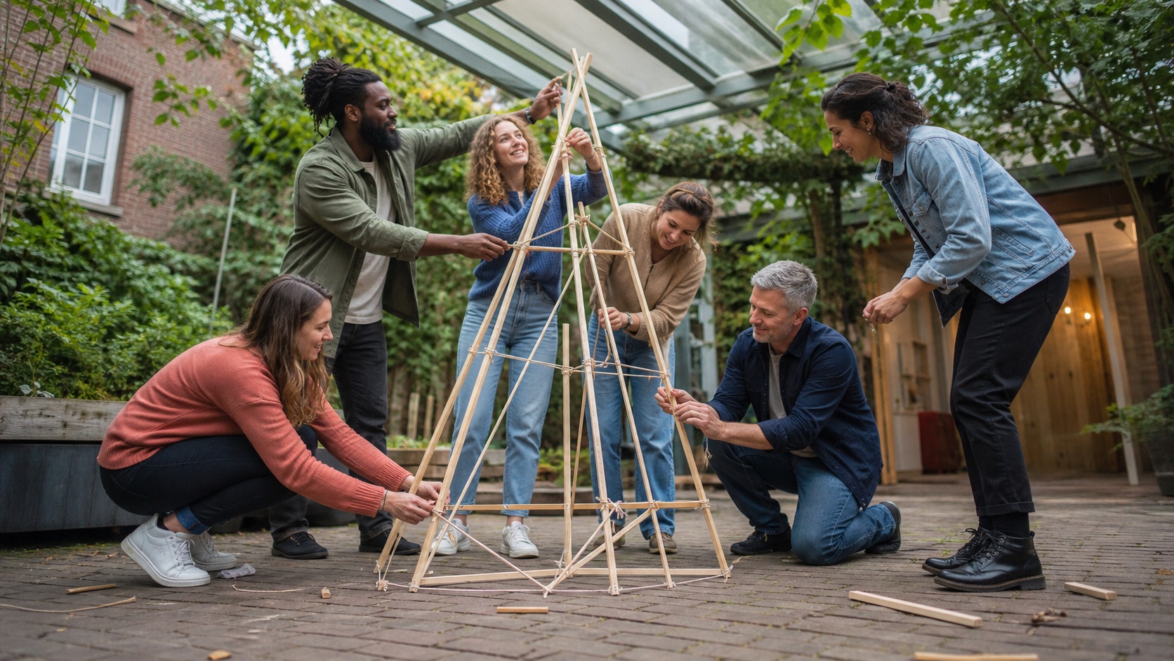 Zes collega's bouwen samen een houten constructie in een groene binnenplaats.