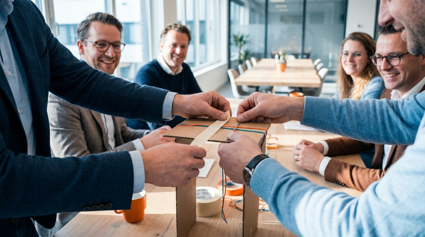 Een groep bouwt samen iets met karton en tape, handen in beeld rond de tafel.