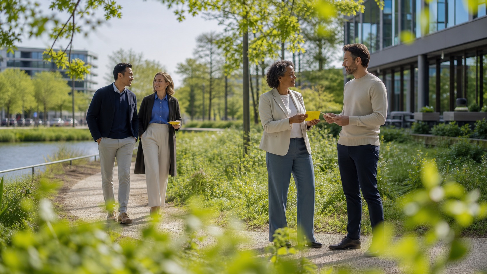 Vier collega's voeren in tweetallen een wandelgesprek in een groen stadspark.